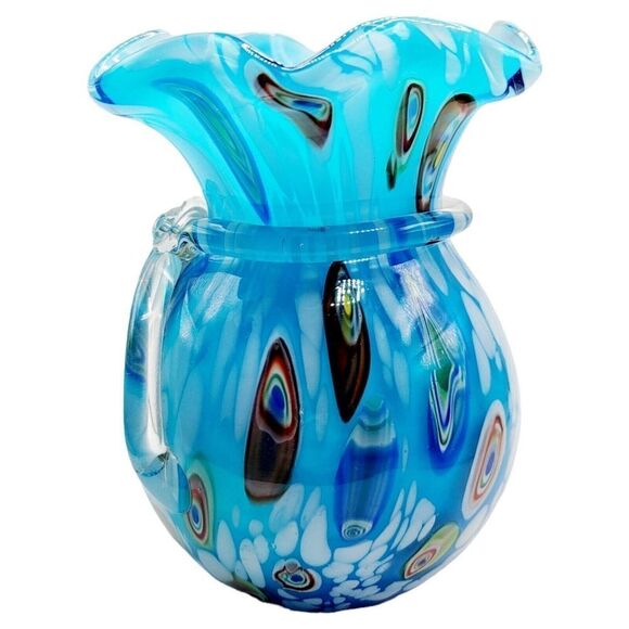 Vintage Murano Art Glass Sky Blue Millefiori Hand Blown Glass With Applied Bow - Picture 3 of 12